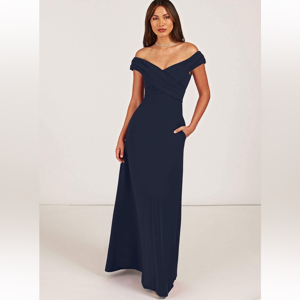 Azazie Navy Blue Off-Shoulder Bridesmaid Dress